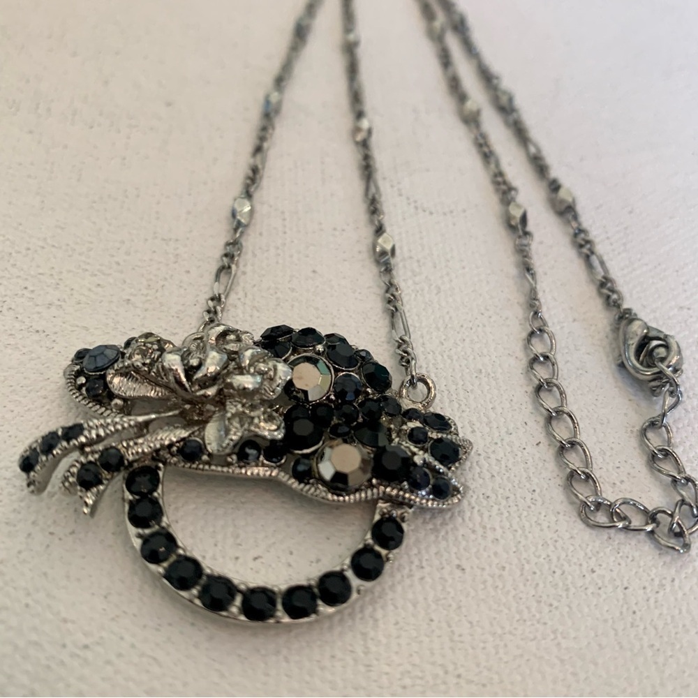 VTG Silver-Tone Black Rhinestones Circle Pendant Necklace Diamond Bar Chain 20" - Picture 6 of 12